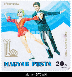 HUNGARY - CIRCA 1979: a stamp printed in the Hungary shows Figure Skating, Winter Olympics Lake Placid 1980, circa 1979 Stock Photo