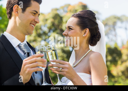 Newlywed toasting champagne flutes at park Stock Photo