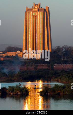 view of BCEAO Bank tower and Niger River, Bamako, Mali Stock