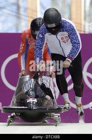 Sochi, Russia. 14th Feb, 2014. Serbia (SRB) piloted by Vuk Radenovic. Mens 2-man Bobsleigh training - Sanki sliding centre - Sochi - Russia - 14/02/2014 Credit:  Sport In Pictures/Alamy Live News Stock Photo