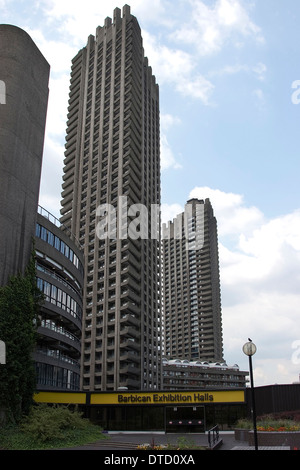 Two of the three residential towers on the Barbican Estate in London, England. Stock Photo