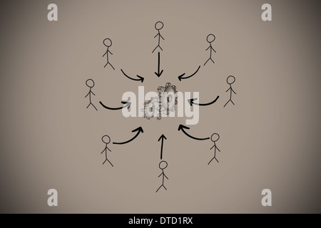 Composite image of cog and wheel doodle with stick figures Stock Photo