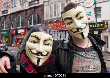 London February 15th 2014. A handful of computer hacking group Anonymous' supporters demonstrate outside the Church of Scientology as the mark the sixth anniversary of their campaign against the 'cult'. Credit:  Paul Davey/Alamy Live News Stock Photo