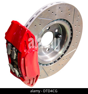 Mechanism of automobile disc brakes: assembled caliper with disk and pads isolate Stock Photo