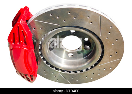 Assembled auto disc brakes red caliper with pads isolated on white Stock Photo