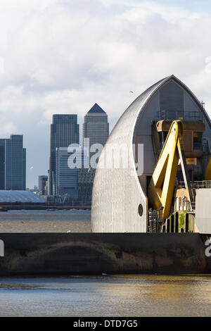 London, UK . 15th Feb, 2014. The Thames Barrier was raised again today to protect against predicted tidal surge. The closure being one of 30 such closures since 6 December 2013, representing one fifth of the total closures since its opening in 1982. The action is being taken in an attempt to relieve pressure from some of the areas worst hit by recent flooding between Kingston-upon-Thames in West London and Oxford. Credit:  Brendan Bell/Alamy Live News Stock Photo