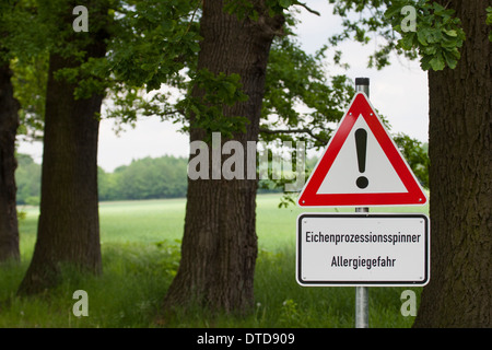 Eichen-Prozessionsspinner, Thaumetopoea processionea, oak processionary moth, Warnschild, warning, danger sign Stock Photo