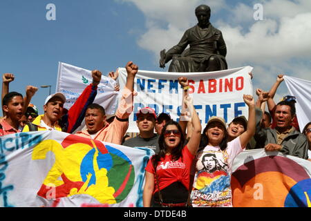 Caracas, Venezuela. 15th Feb, 2014. Demonstrators are prepared to take part in the 'March for Peace', called on Friday by Venezuelan President Nicolas Maduro, at Venezuela Square, in the city of Caracas, capital of Venezuela, on Feb. 15, 2014. Credit:  AVN/Xinhua/Alamy Live News Stock Photo