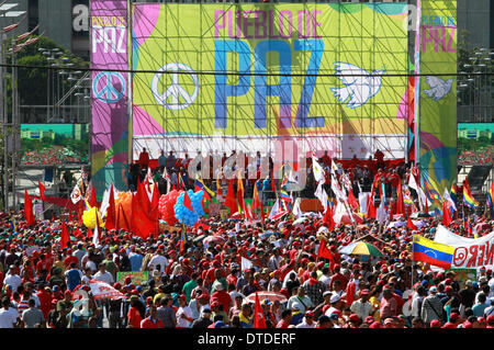 Caracas, Venezuela. 15th Feb, 2014. Demonstrators take part during the 'March for Peace', called on Friday by Venezuelan President Nicolas Maduro, in the city of Caracas, capital of Venezuela, on Feb. 15, 2014. Credit:  AVN/Xinhua/Alamy Live News Stock Photo