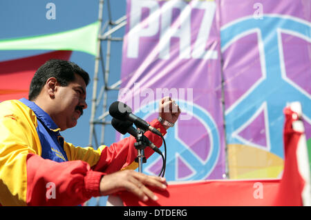 Caracas, Venezuela. 15th Feb, 2014. Venezuelan President Nicolas Maduro delivers a speech during the 'March for Peace', in the city of Caracas, capital of Venezuela, on Feb. 15, 2014. Credit:  AVN/Xinhua/Alamy Live News Stock Photo
