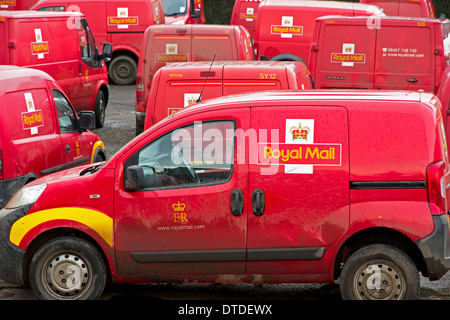 Royal Mail vans (dirty from local flooding), Shrewsbury, Shropshire, England, UK Stock Photo