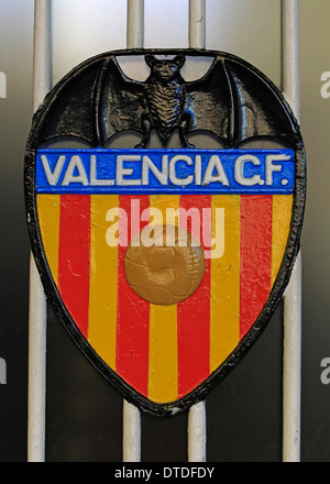 The crest of Valencia Club de Futball on the main front entrance of the Mestalla Stadium, Valencia, Spain Stock Photo