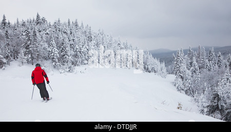 Mont-Tremblant , Quebec, Canada - February 9, 2014: A lonely skier is sliding down an easy slope at Mont-Tremblant Ski Resort. Stock Photo