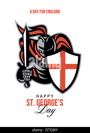 Poster greeting card Illustration of knight in full armor with sword and shield with England English flag done in retro style with words Happy St. George's Day A Day for England. Stock Photo