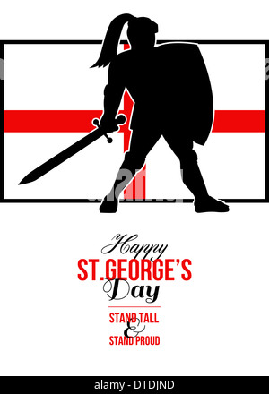 Poster greeting card Illustration of knight in full armor with sword and shield with England English flag done in retro style with words Happy St. George's Stand Tall and Proud. Stock Photo