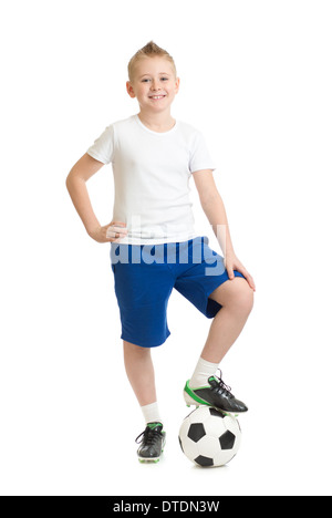 Boy standing with soccer ball isolated on white Stock Photo