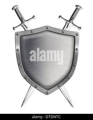metal shield with two crossed swords isolated on white Stock Photo