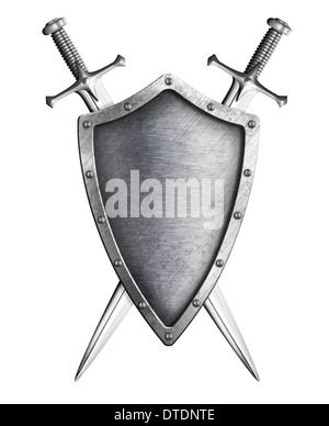 aged metal shield with two crossed swords isolated on white Stock Photo