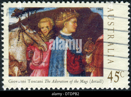 Postage stamp printed in Australia, Christmas Issue, shows Details from Adoration of the Magi by Giovanni Toscani Stock Photo