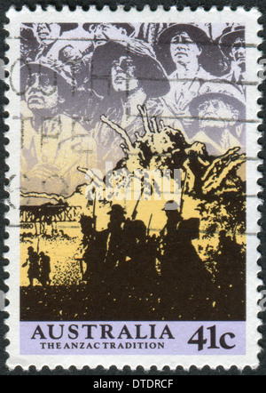 AUSTRALIA - CIRCA 1990: Postage stamp printed in Australia, shows Scenes from WW II, 1940-41: Anzacs at the front, circa 1990 Stock Photo