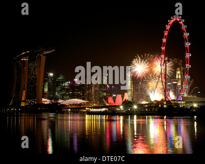 View of Marina Bay area from Bay East Garden during Singapore's National Day Celebration with fireworks display Stock Photo