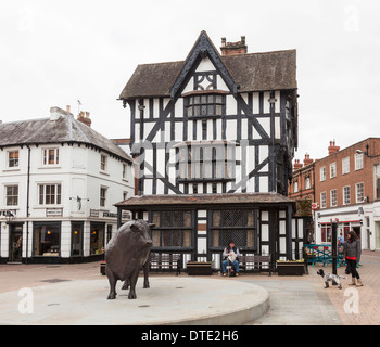 Old House, High Town, Hereford: a Jacobean timber-framed building, now a museum, and statue of Hereford bull