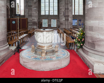Stone baptismal font at Hereford Cathedral, Hereford, UK Stock Photo