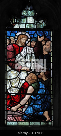 Stained glass window by Henry Holiday, St Andrew's Church, Old Cleeve, Somerset, England. Christ's Commission to the Disciples Stock Photo