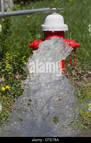 A damaged fire hydrant splashes water on the city street municipal services front view close up nobody none vertical in USA US hi-res Stock Photo