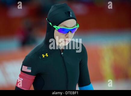 Sochi, Russia. 16th Feb, 2014. Ladies' 1000m speed skating at the Alder Arena Skating Center during the Sochi 2014 Winter Olympic on February 15, 2014 in Sochi, Russia. Credit:  Paul Kitagaki Jr./ZUMAPRESS.com/Alamy Live News Stock Photo
