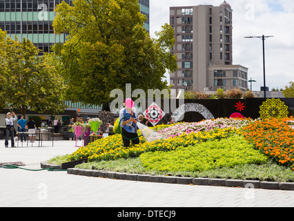 February 2014.  A female gardener watering the flower display in Cathedral Square, Christchurch City, South Island, New Zealand Stock Photo