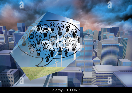 Composite image of light bulbs in speech bubble on abstract screen Stock Photo