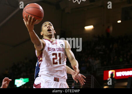 Chestnut Hill, Massachusetts, USA. 16th Feb, 2014. February 16, 2014; Boston College Eagles guard Olivier Hanlan (21) drives to the basket during the first half of the NCAA basketball game between the Notre Dame Fighting Irish and Boston College Eagles at Conte Forum. Anthony Nesmith/CSM/Alamy Live News Stock Photo