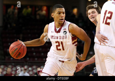 Chestnut Hill, Massachusetts, USA. 16th Feb, 2014. February 16, 2014; Boston College Eagles guard Olivier Hanlan (21) in action during the first half of the NCAA basketball game between the Notre Dame Fighting Irish and Boston College Eagles at Conte Forum. Anthony Nesmith/CSM/Alamy Live News Stock Photo