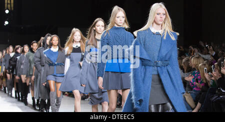 London, England, UK. 16th Feb, 2014. Models walk the runway at the Topshop Unique show during London Fashion Week AW14 at Tate Modern. Credit:  CatwalkFashion/Alamy Live News Stock Photo