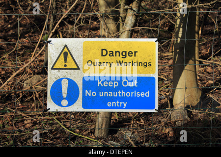 Danger Quarry Workings sign, Keep Out, No Unauthourized Entry Stock Photo