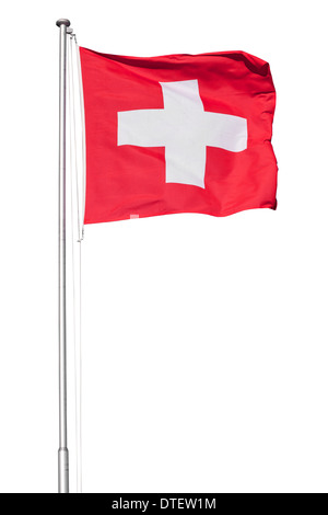 Swiss flag flying on a metal pole, isolated on a white background Stock Photo