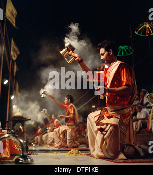 Ganga Aarti Hindu Puja at Dashashwamedh Ghat River Ganges in Varanasi Benares in Uttar Pradesh in India in South Asia. Religion Religious Art Travel Stock Photo