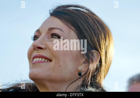 Berlin, Germany. 17th Feb, 2014. German actress Iris Berben arrives for the laying of QR paving stones at the Holocaust Memorial in Berlin, Germany, 17 February 2014. Visitors can scan a Quick Response code from the cobbles to listen to a specially developed Holocaust Memorial concert. Photo: INGA KJER/dpa/Alamy Live News Stock Photo