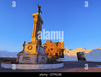Christ Monument in front of the Monastery on the top of El Toro Mountain - the highest peak of Menorca, Balearic Islands, Spain Stock Photo