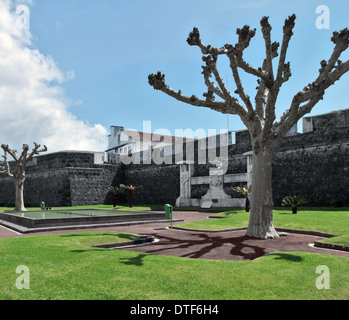 sunny illuminated park scenery with memorial at Ponta Delgada, capital city of the Azores Stock Photo