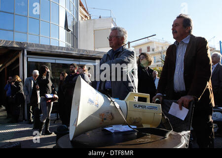 Athens, Greece. 17th Feb, 2014. Doctors, who have been on strike for more than two months, protested outside EOPYY(National Organisation for Healthcare Provision) offices in Athens against the government decision to close EOPYY clinics for a month pending the launch of a new primary healthcare system. The reforms are part of cost-cutting and efficiency-boosting measures Greece is implementing in exchange for the international rescue loans that have kept the country afloat since 2010. Credit:  Aristidis Vafeiadakis/ZUMAPRESS.com/Alamy Live News Stock Photo