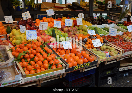 Venice, Italy.A display of fruit in the market place next to the Rialto.