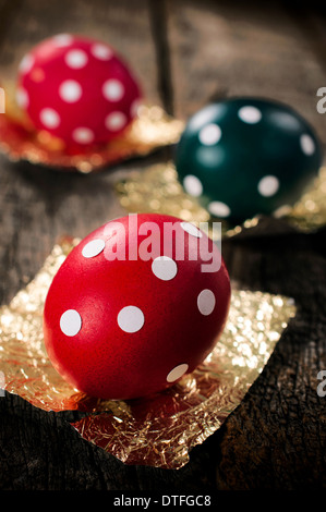Selective focus on the front dotted Easter egg Stock Photo