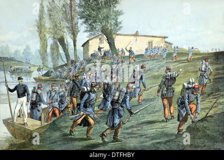 French Army in Military Maneuvers, Manoeuvres, Military Exercise or War Game on the French-German Border Alsace-Lorraine or Alsace France 1891 Stock Photo