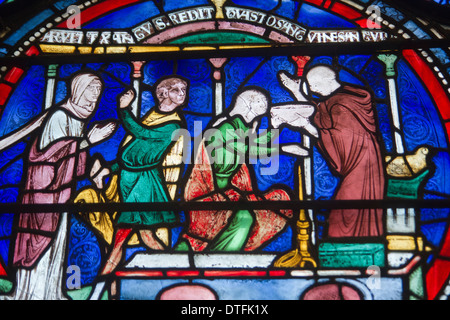 Stained glass window inside Canterbury Cathedral in Kent Stock Photo