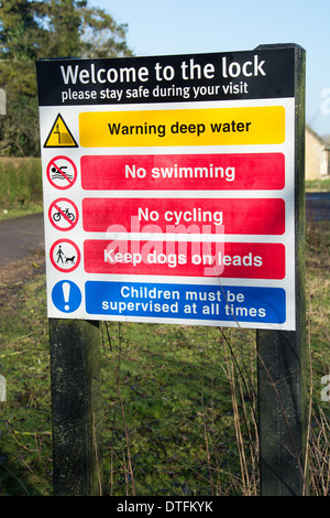 Warnings and rules by a lock on the River Thames. Oxfordshire, 2014. Stock Photo