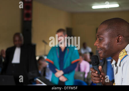 Kinshasa, DRC. 17th Feb 2014. Prosecutor Nkulu Katende Homere during todays trial. The verdict of Joshua French accused of murdering his cell mate Tjostolv Moland is expected to fall on Wednesday after the court heard testimonials from medical experts on his health. © Rey T. Byhre/Alamy Live News Credit:  Rey T. Byhre/Alamy Live News Stock Photo