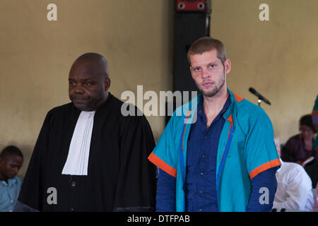 Kinshasa, DRC. 17th Feb 2014. Joshua French and his Congolese lawyer Marie-André Mwila during todays trial in N'dolo prison, Kinshasa, DRC Credit:  Rey T. Byhre/Alamy Live News Stock Photo