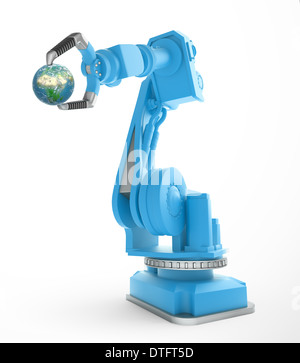 An industrial robot holding a small globe Stock Photo